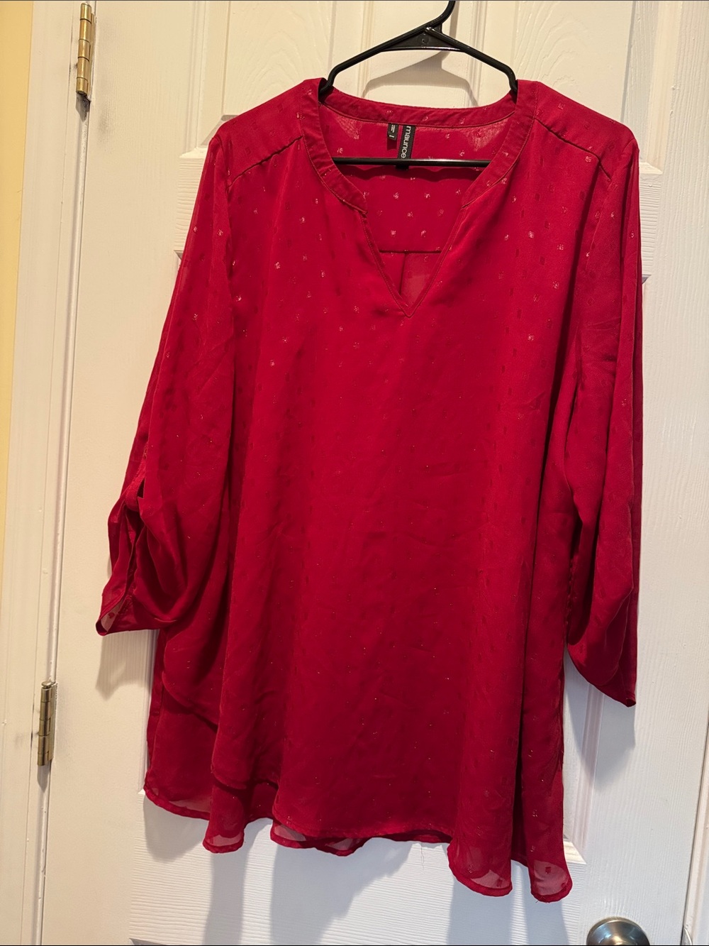 Maurice’s Women's Red V-Neck Long Sleeve Top- tulip edge at bottom